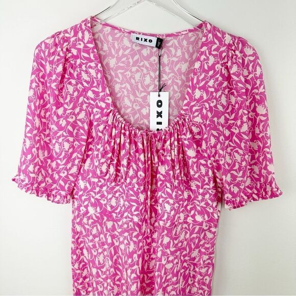 Lilita Azalea Pink Short Ruffle Sleeved Floral-Print Silk Mini Dress Sz Small - Picture 5 of 16